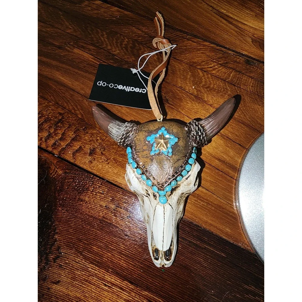Bull‎ Ornament Resin Skull Brown and Turquoise